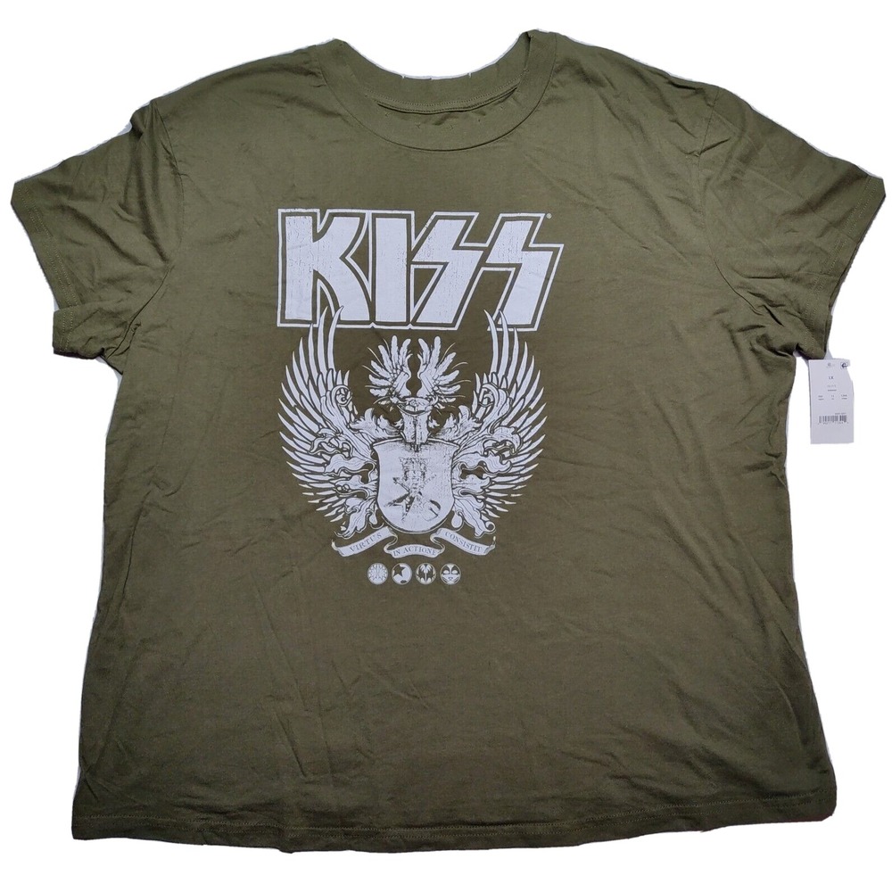 KISS Army Green Retro Distressed Women‎ Plus 1X  T-Shirt NEW